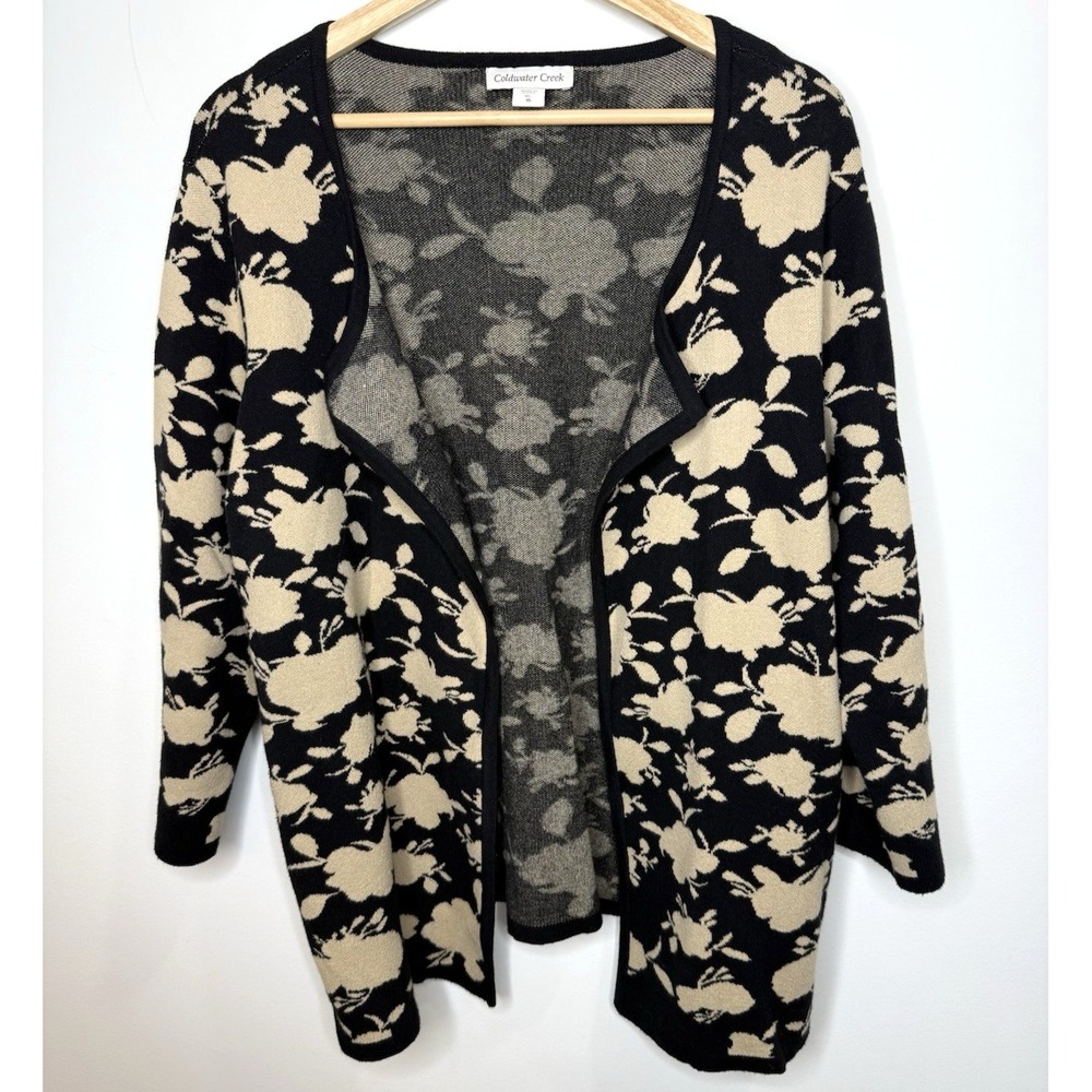 Coldwater Creek Sweater Cardigan Women's XL‎ 16 Black Tan Open Front Knit Office